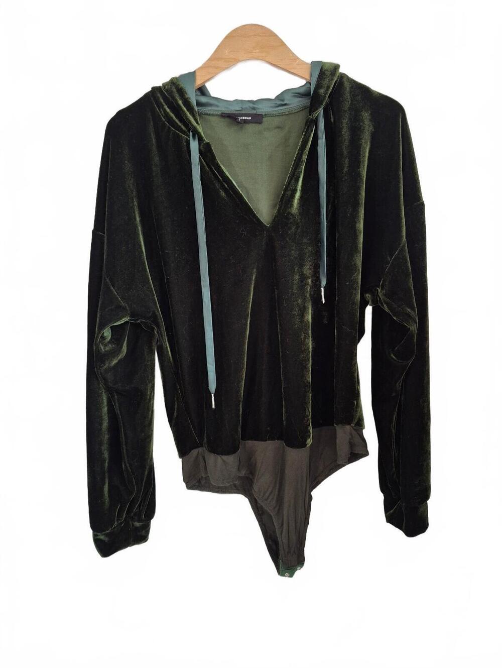 Olivaceous Women’s Olive Green Velvet Hooded Bodysuit Long Sleeve Size L